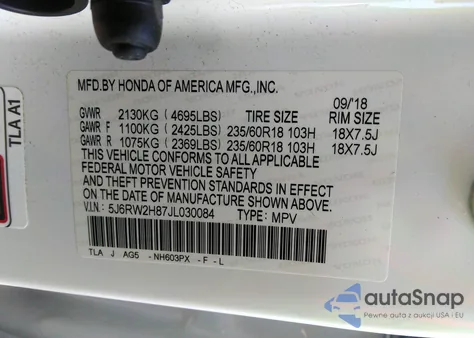 2018 Honda Cr-V Ex-L/Ex-L Navi из США, поврежденный, VIN 5J6RW2H87JL030084